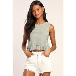 Lulus Flouncin' Around Dusty Sage Cropped Ruffled Sweater Tank Green - Size M